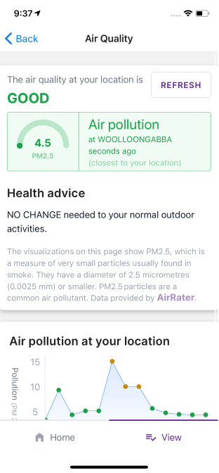 Screenshot of app showing air quality tracking screen