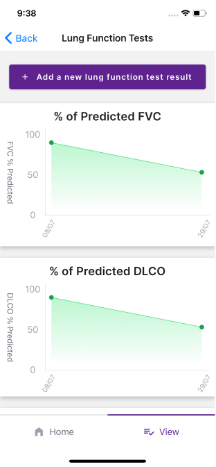 Screenshot of app showing lung function tests screen