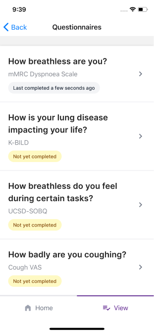 Screenshot of app showing questionnaires screen